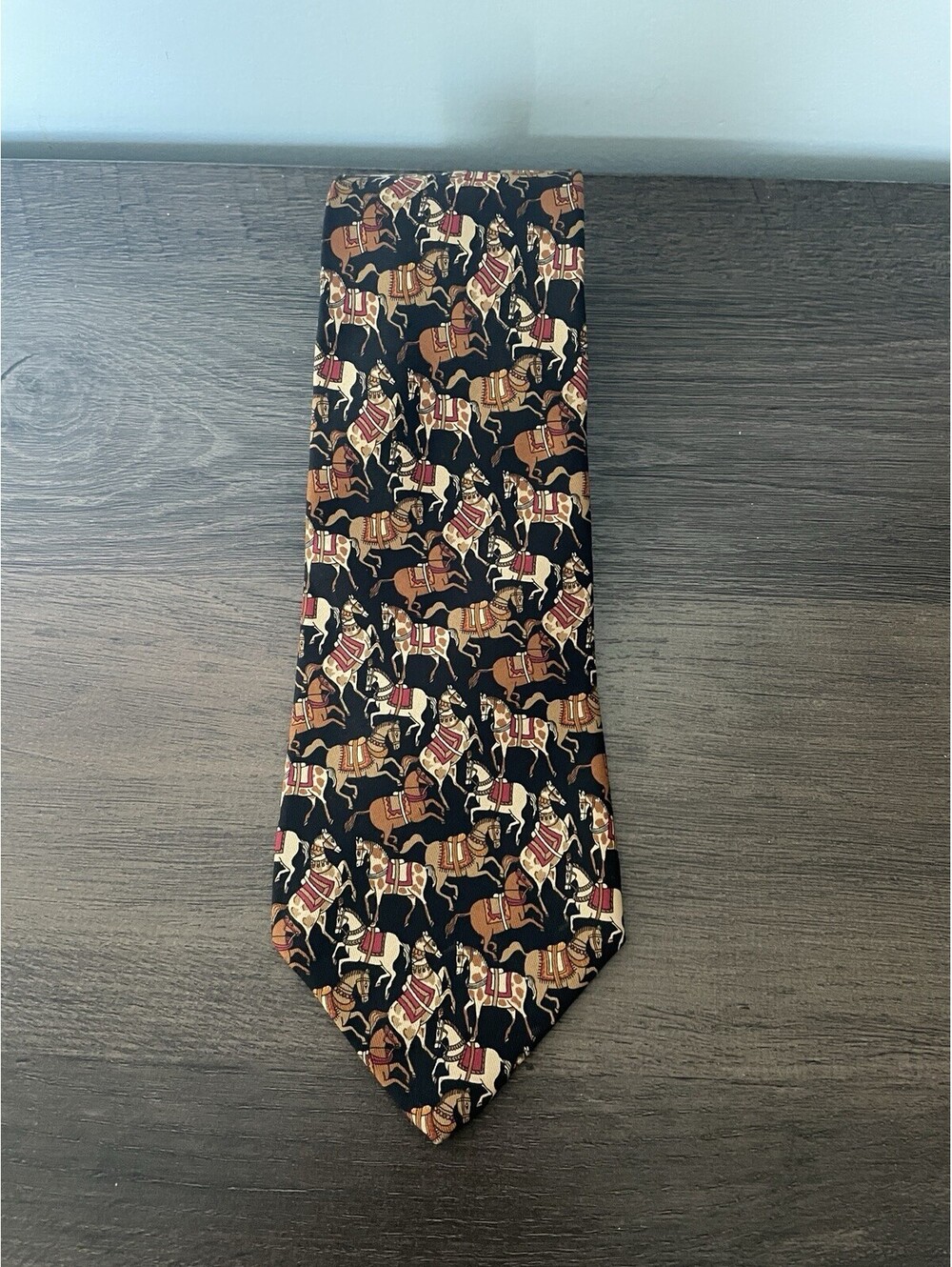 Salvatore Ferragamo 100% Silk Men's Tie Made In Italy Horse Equestrian Brown Red